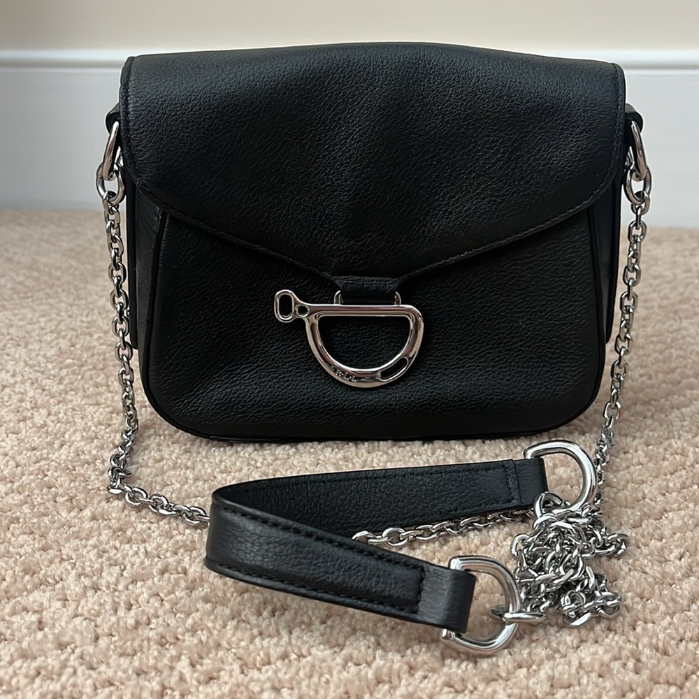 Black leather Ralph Lauren crossbody bag with silver chain strap